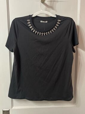 Embellished Charcoal Short-Sleeve Tee with Jewel Neckline